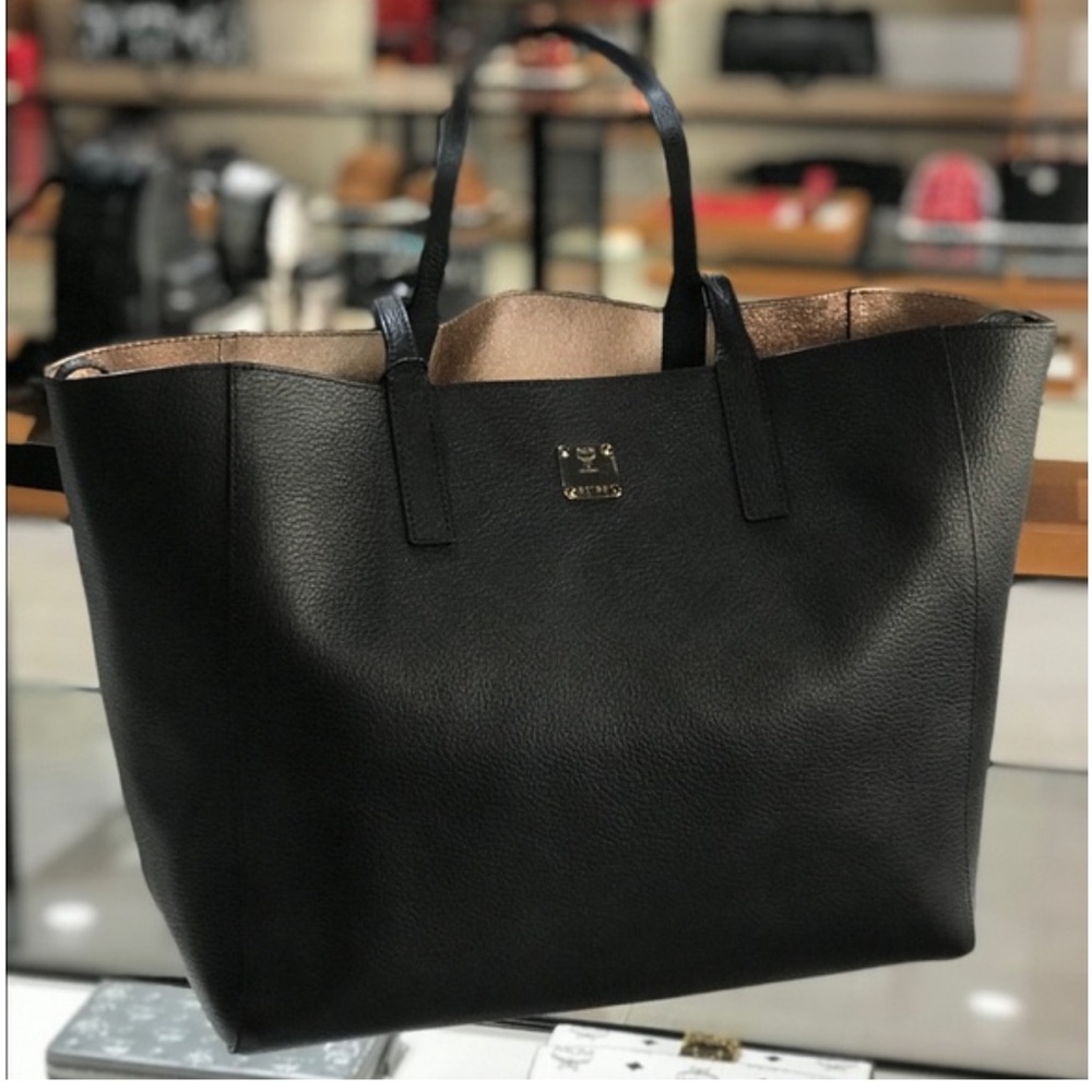 MCM Black/Gold Leather Open Reversible Tote
